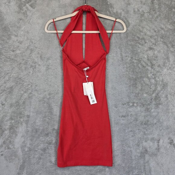 Zara Dress Womens Small Red Halter Plunge V Neck Bodycon Mini Stretch Sleeveless - Picture 2 of 10